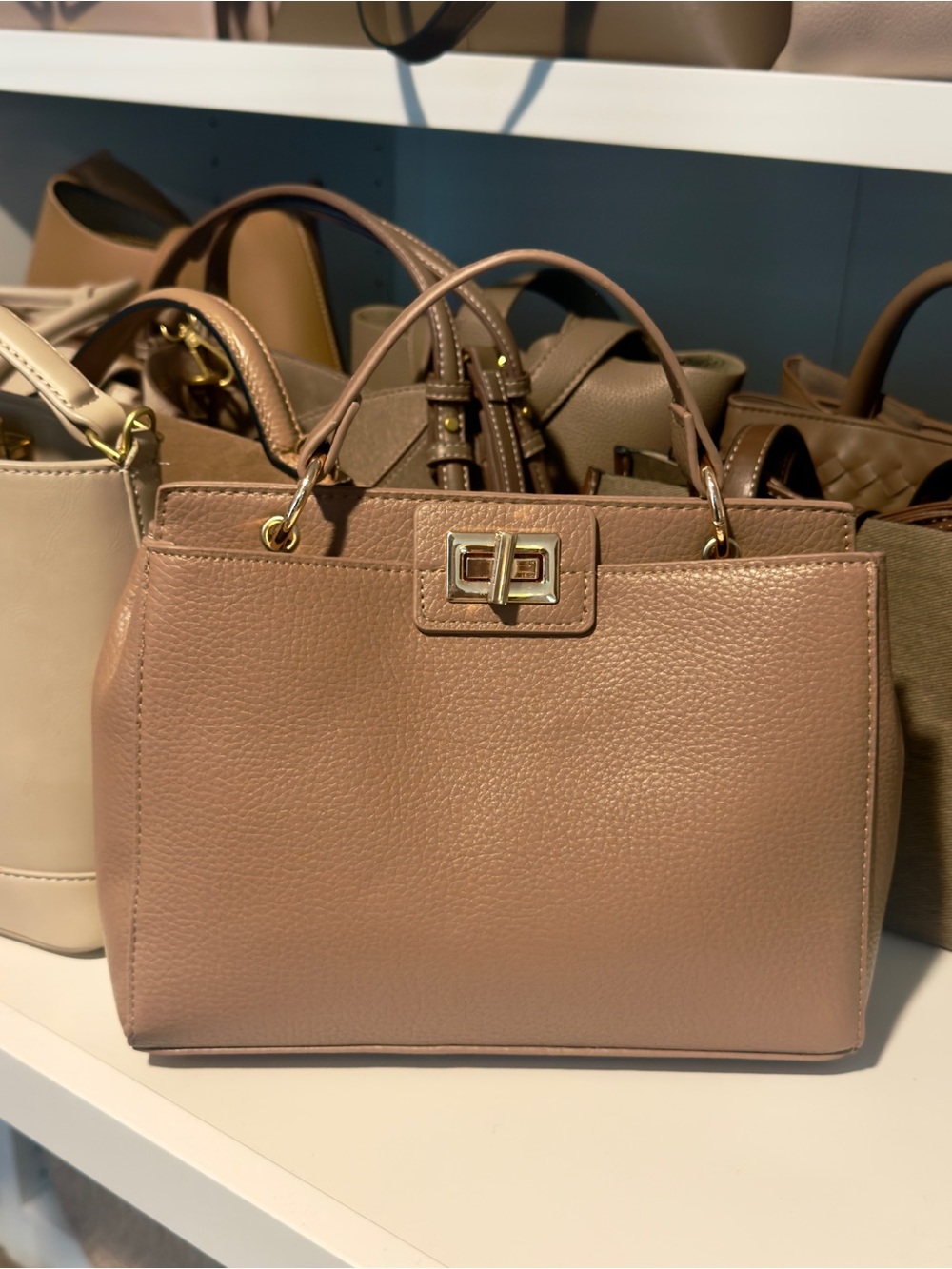 Twist lock Structured Tote Handbag in Taupe tan